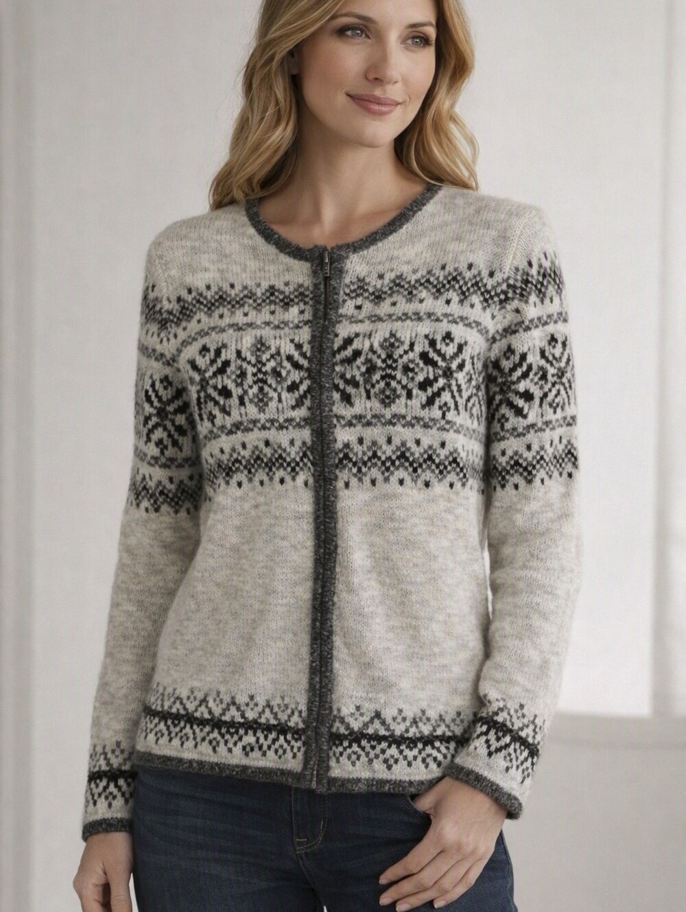 NWT Northern Reflections Grey & Black Nordic Fair IsleZip-Front Cardigan. S